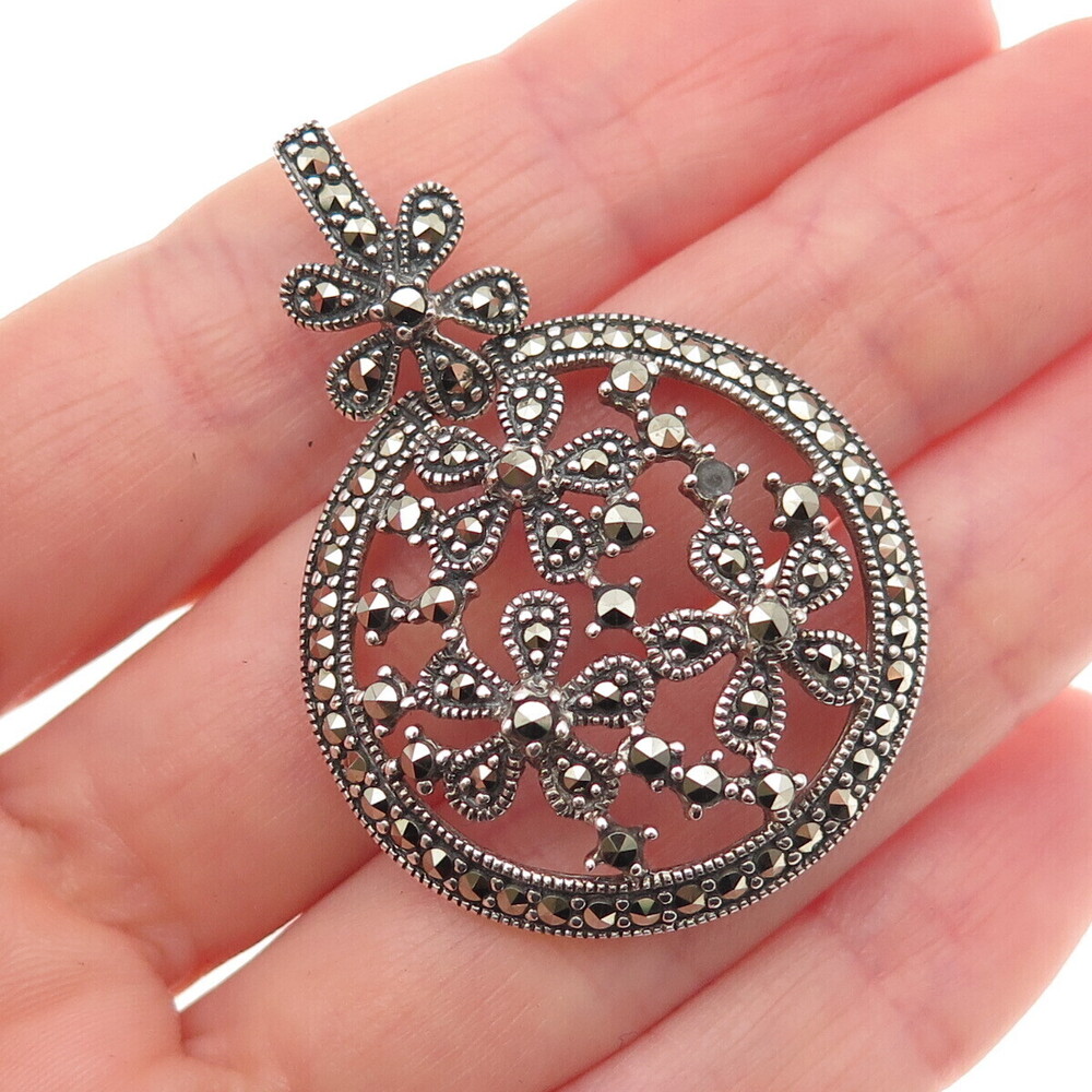 925 Sterling Silver Vintage Real Marcasite Floral Pendant (missing 1 stone)